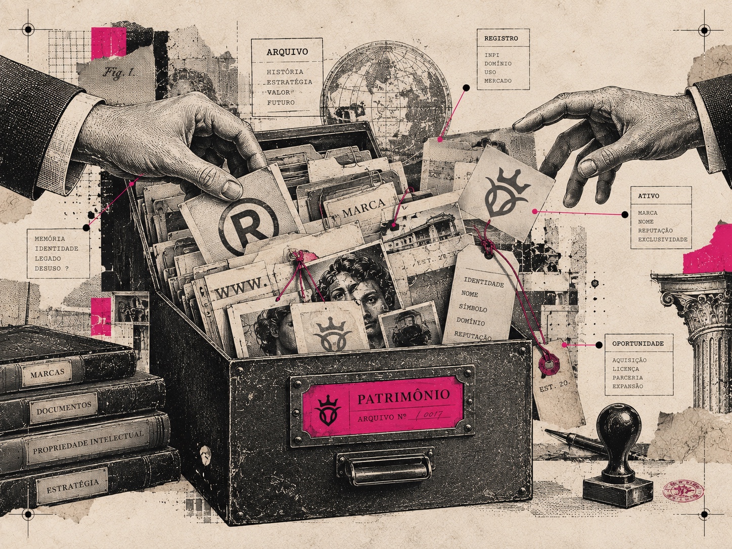 Colagem editorial com gaveta de arquivo aberta, documentos de marca, símbolos, registros e duas mãos disputando ativos antigos em preto, cinza, bege e pink