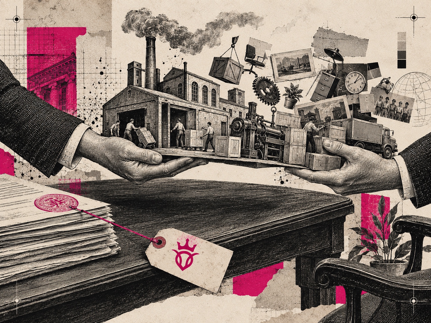 Colagem editorial com uma fábrica, máquinas, caixas e documentos sendo transferidos entre duas mãos, enquanto uma etiqueta de patrimônio permanece conectada à operação por um fio pink