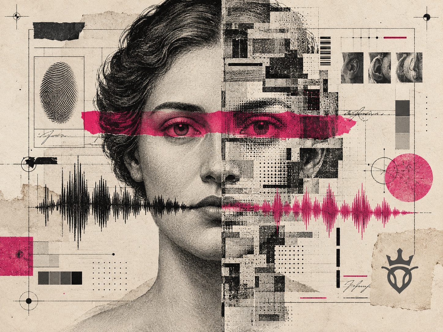 Colagem editorial de um rosto humano dividido entre traço realista e ruído digital, com faixa magenta sobre os olhos e ondas de voz