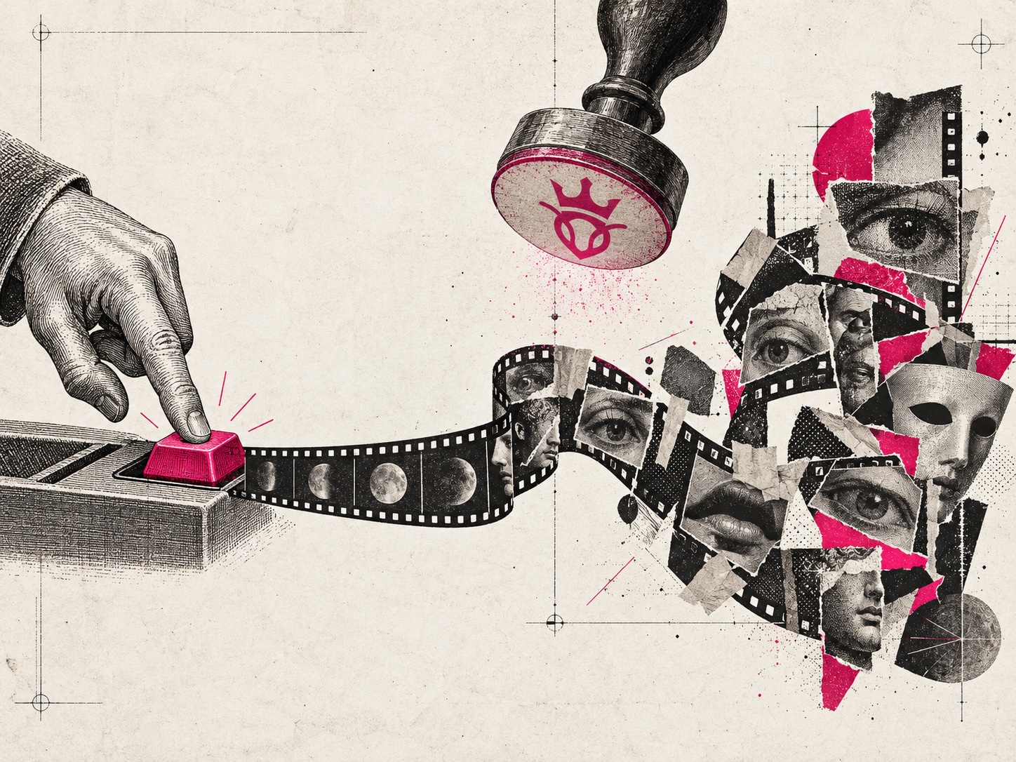 Capa editorial sobre inteligência artificial, branding e o ato humano de apertar o botão publicar