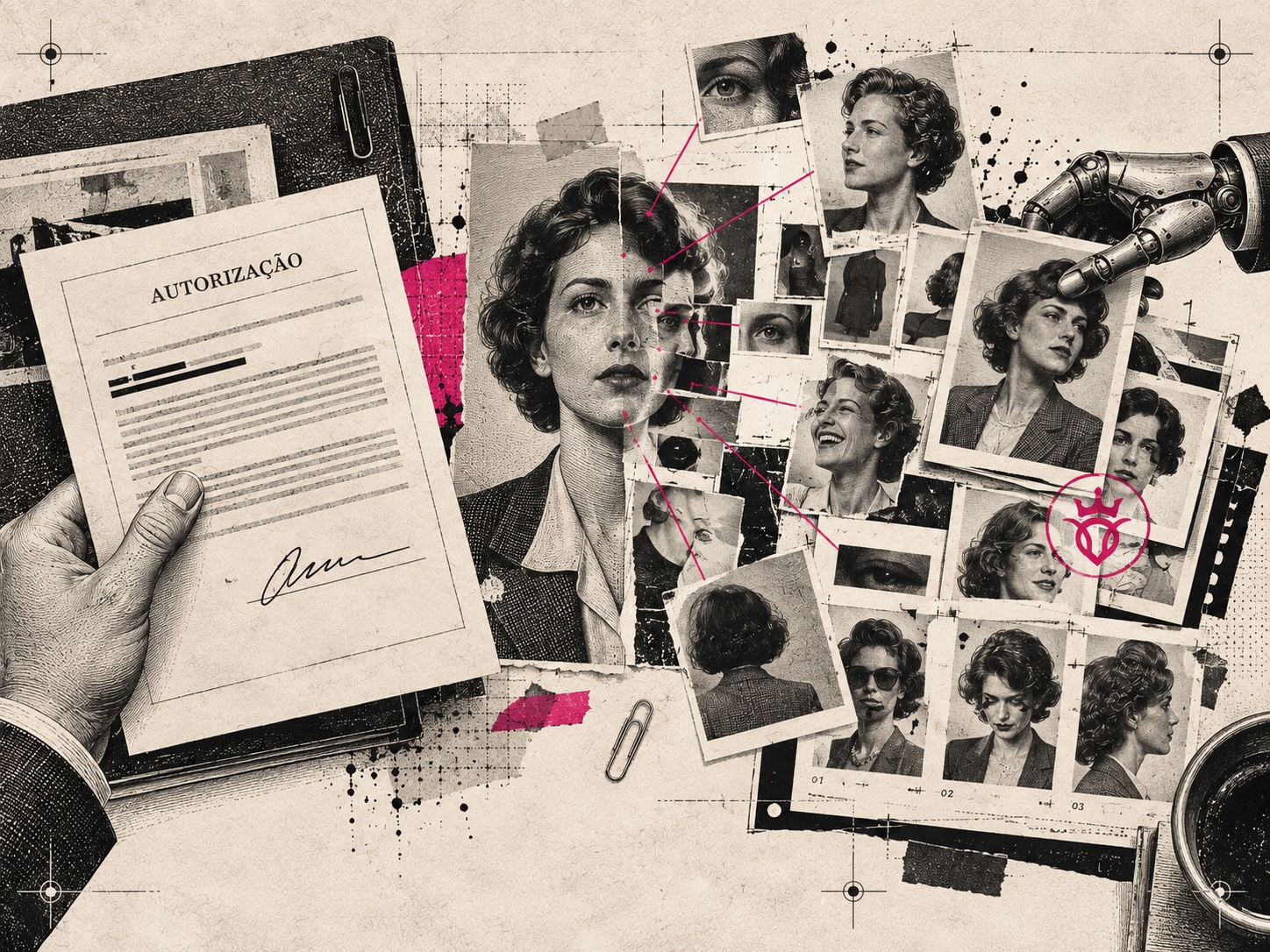 Colagem editorial com documento de autorização, retrato humano multiplicado em diferentes versões e uma mão mecânica alterando imagens, em preto, cinza e pink