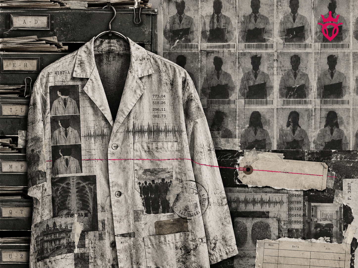 Uma gravura editorial de um jaleco médico pendurado em um arquivo de documentos, mas com o corpo ausente. Sobre o tecido aparecem camadas de carimbos, ondas sonoras, fragmentos de rosto e etiquetas de identificação parcialmente rasgadas. Ao fundo, uma tela documental com vários perfis indistintos reproduz a mesma silhueta profissional. O pink #D60B52 deve aparecer apenas em uma linha de autenticação, em um carimbo ou em um pequeno fragmento de etiqueta, sugerindo que a autoridade está sendo veri