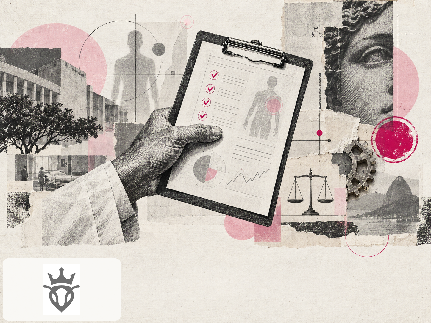 Uma composição editorial em gravura contemporânea mostrando uma mão humana segurando uma prancheta clínica sobre a qual repousa uma pequena engrenagem mecânica, cercada por camadas de documentos, carimbos abstratos de validação, linhas de auditoria e uma silhueta discreta de paciente ao fundo. A metáfora deve comunicar que a inteligência artificial está subordinada à supervisão humana e à responsabilidade institucional. Usar preto, grafite, cinza, bege e rosa Empório como único acento forte, com