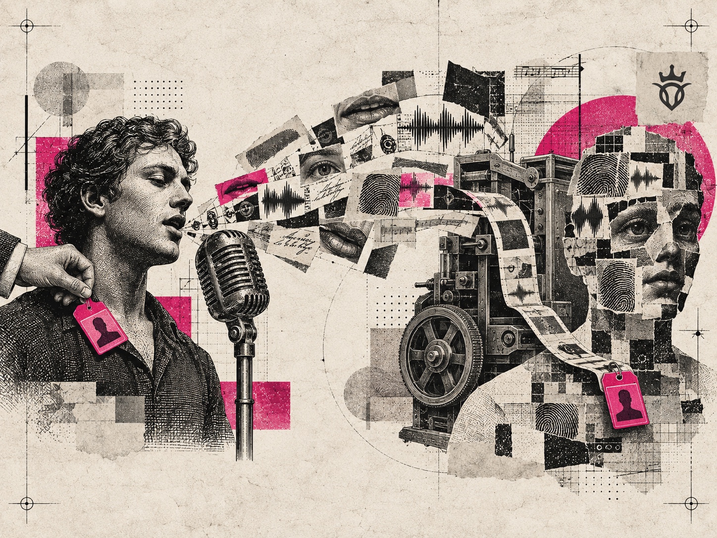 Colagem editorial com cantor diante de microfone, máquina de impressão, fragmentos de rosto, impressões digitais e marcas de identidade em preto, cinza e pink