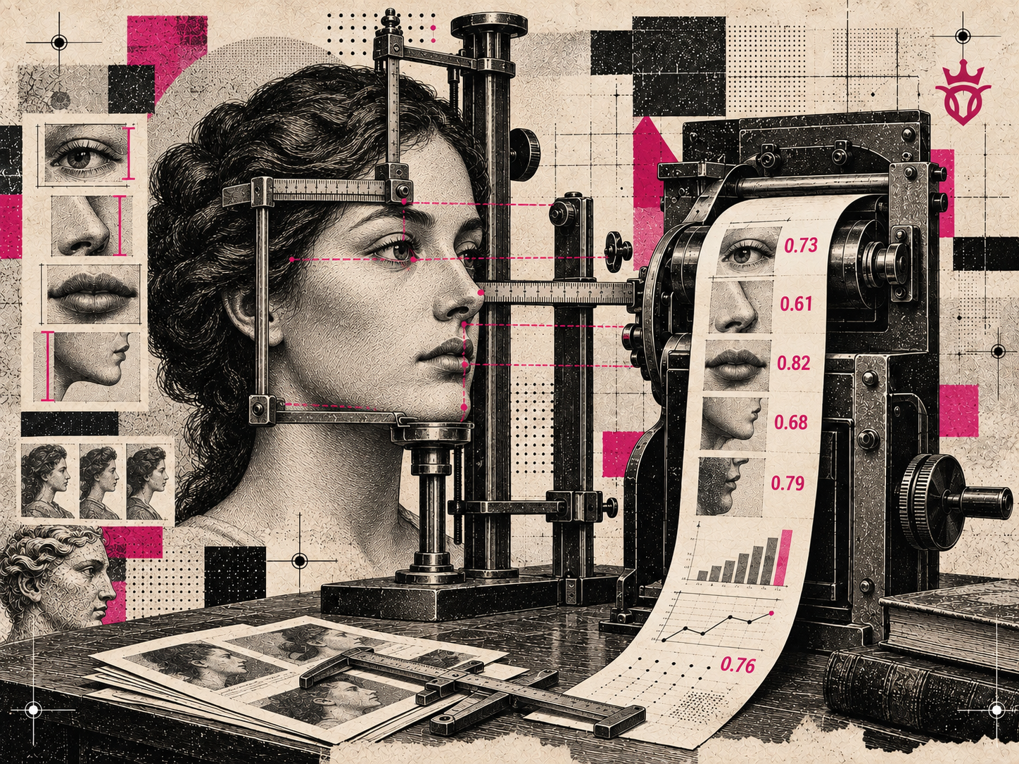 Colagem editorial com rosto feminino medido por uma máquina antropométrica antiga, réguas sobre olhos e maxilar e fita de papel imprimindo notas decimais em pink