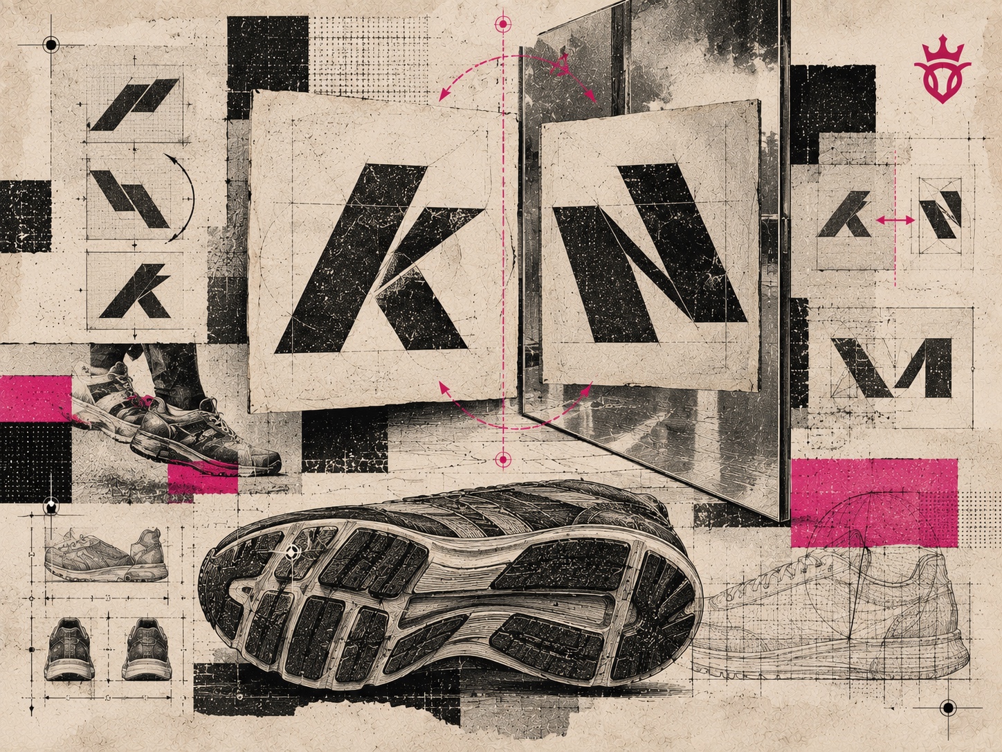 Colagem editorial com dois símbolos geométricos abstratos em placas espelhadas, setas de rotação e uma sola de tênis em gravura, em preto, cinza, off-white e pink
