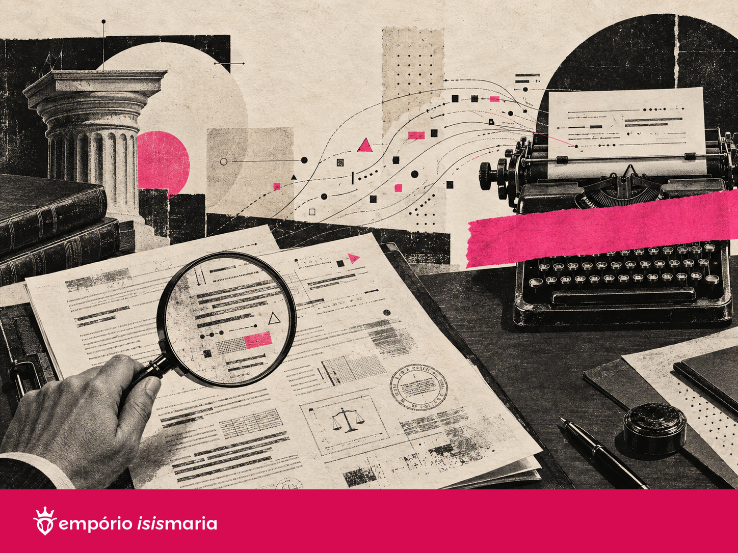 Uma composição editorial em gravura contemporânea mostrando uma petição ou documento aberto sobre uma mesa, com linhas técnicas, carimbos e pequenas instruções ocultas saindo das margens e tentando alcançar uma máquina de escrever antiga. Ao lado, uma mão humana segura uma lupa sobre o documento, representando revisão e supervisão. A máquina deve aparecer parcialmente bloqueada por uma faixa de papel rosa, sugerindo que a tecnologia está sob controle humano. Fundo off-white texturizado, preto e