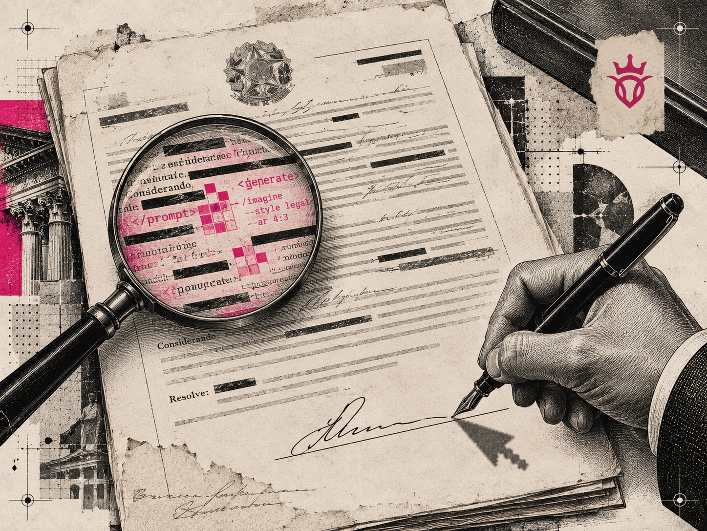 Colagem editorial de uma petição jurídica sob uma lupa que revela comandos ocultos em pink, com uma mão humana prestes a assinar o documento