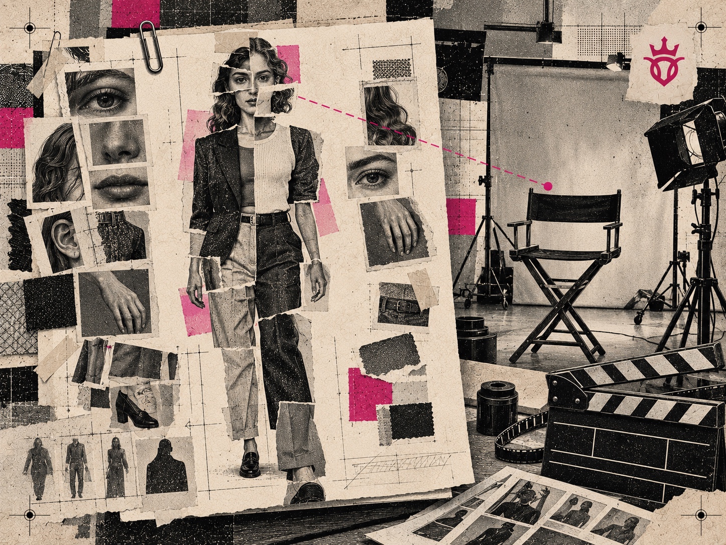 Colagem editorial com modelo humana construída por recortes fotográficos diante de um estúdio vazio com cadeira de direção, luzes e claquete, em preto, cinza, off-white e pink