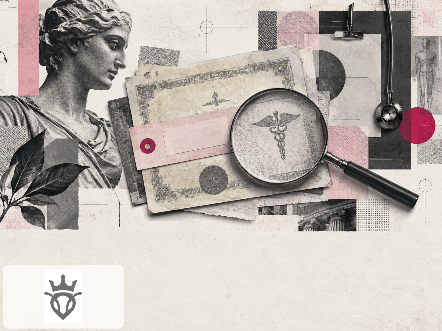 Composição editorial em gravura contemporânea mostrando um diploma parcialmente coberto por uma etiqueta de identificação oficial, ao lado de uma placa clínica e uma lupa. A metáfora deve sugerir a diferença entre formação acadêmica, registro profissional e autoridade percebida, sem representar erro de forma caricata. Papel bege texturizado, preto e grafite predominantes, rosa Empório #D60B52 como acento em um selo abstrato e em pequenos detalhes de marcação. Respiro visual na faixa inferior, se