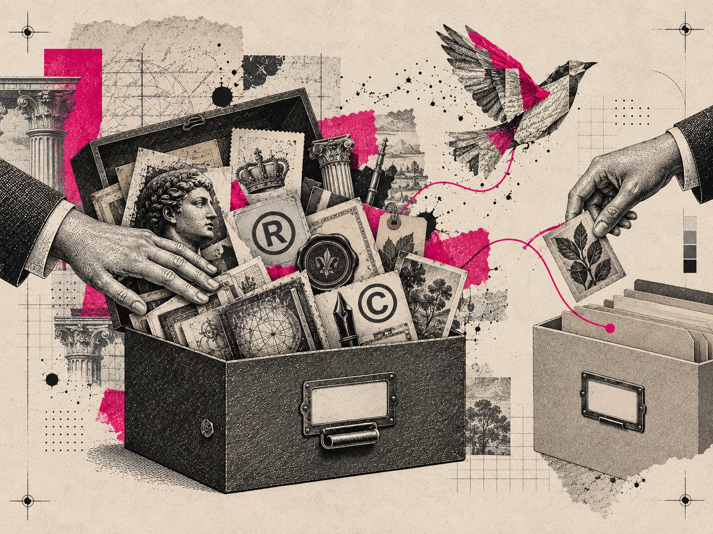 Colagem editorial com caixa de arquivo, documentos de marca, símbolos de propriedade e um pássaro abstrato escapando, representando ativos de uma marca antiga durante um rebranding