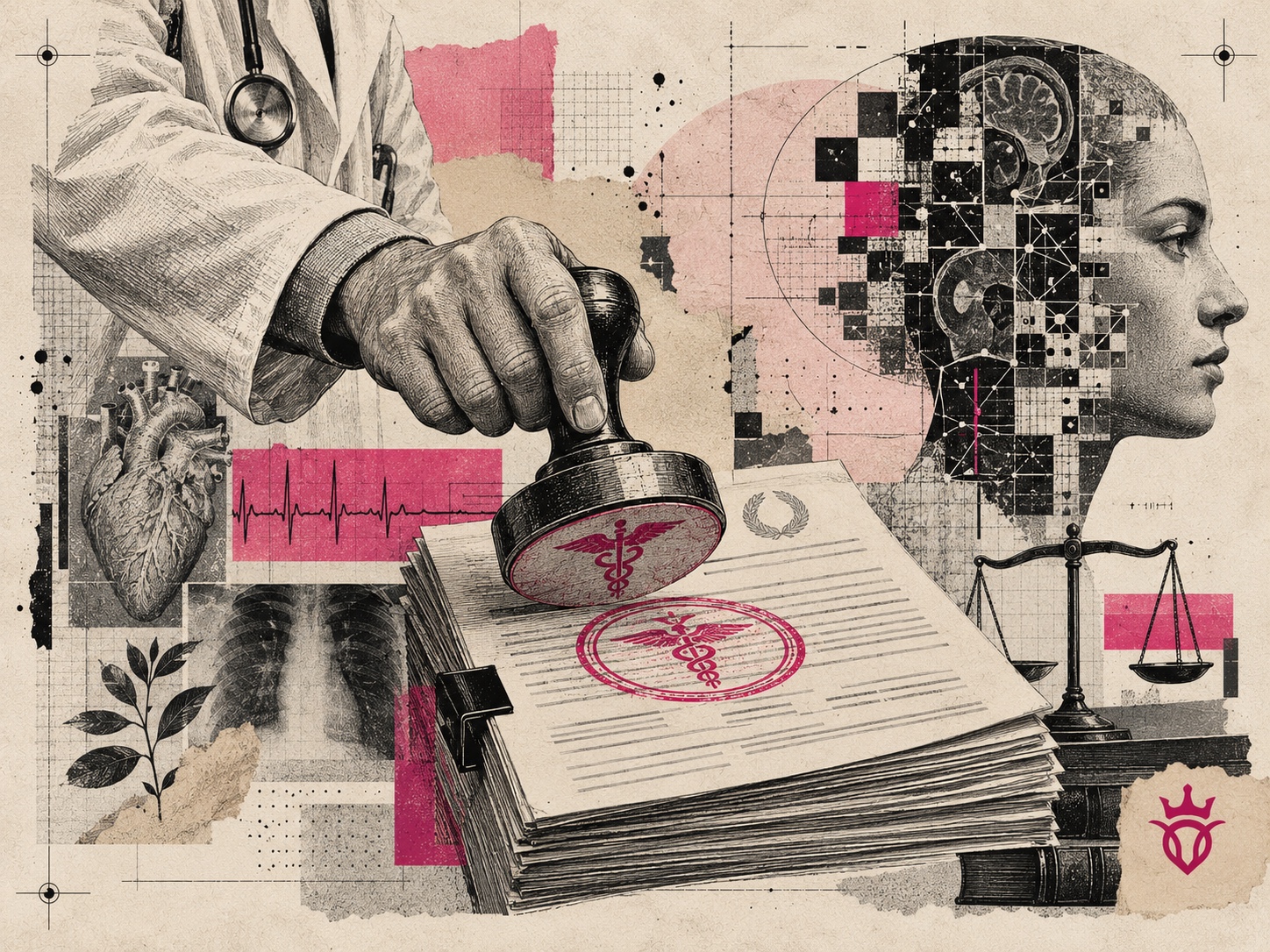 Colagem editorial sobre inteligência artificial na medicina com profissional de saúde, documentos, anatomia, cérebro digital e marcações em pink