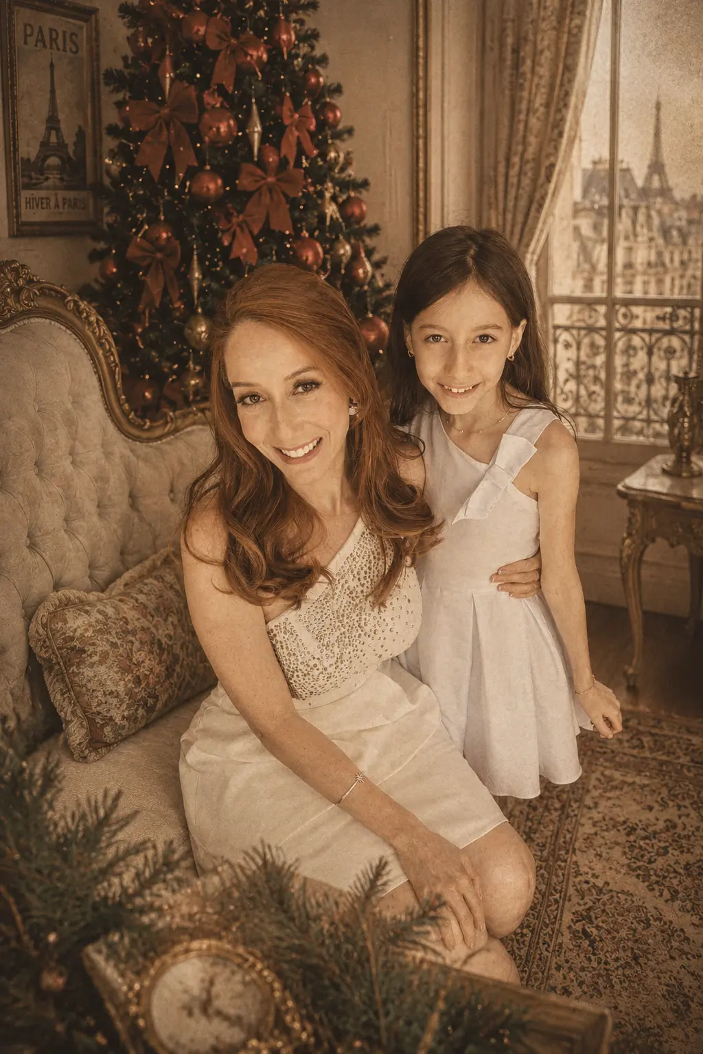 Mãe e filha em um ambiente clássico, origem afetiva da marca Rebecca Lopez