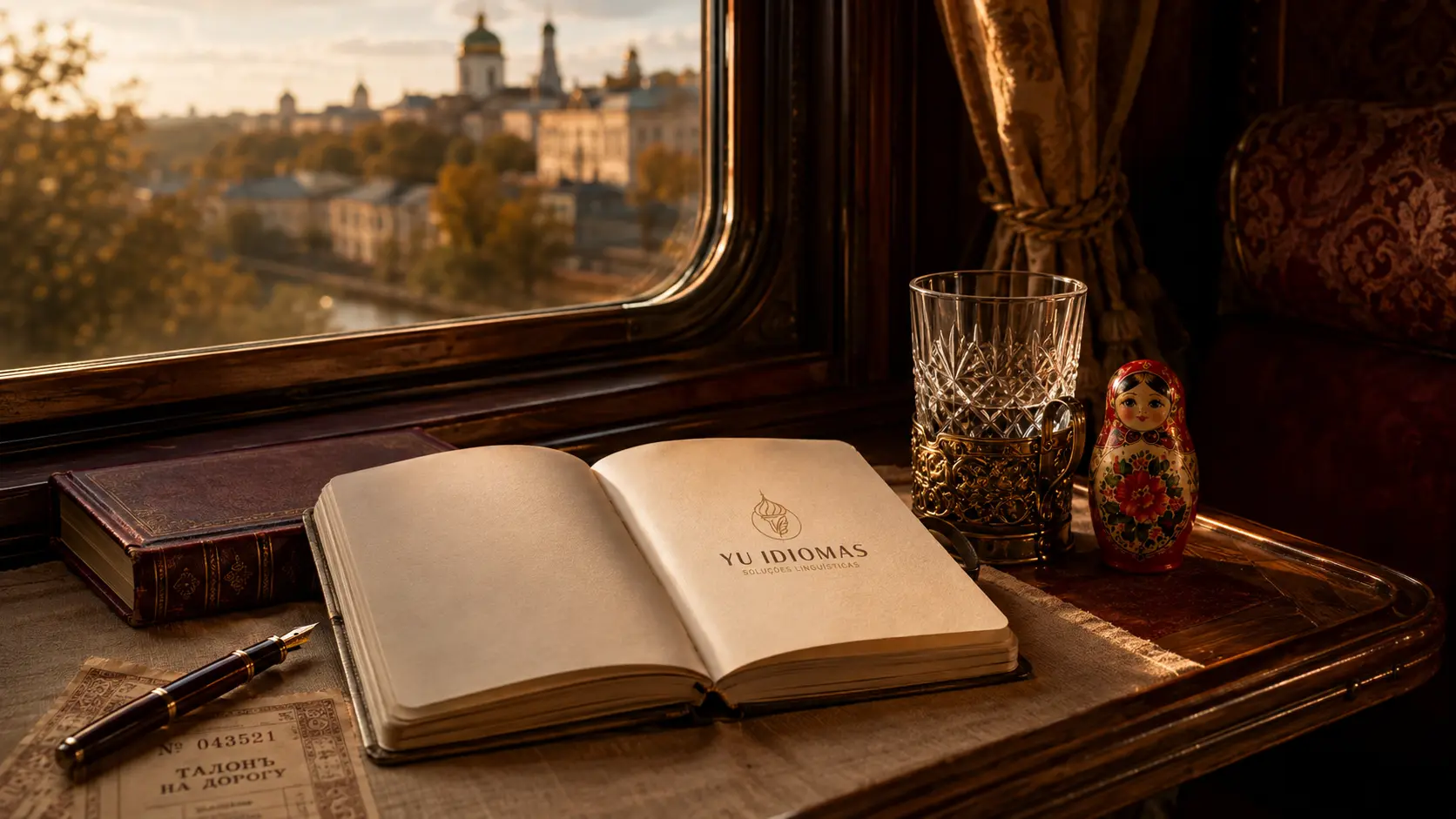 Livro da YU Idiomas junto à janela em uma viagem cultural